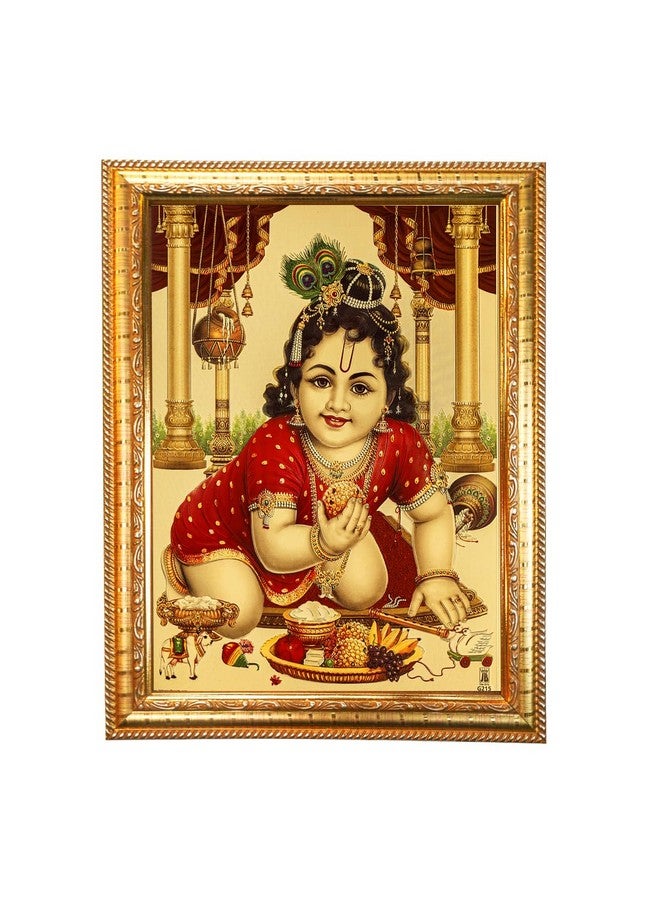 Hawai Gold Plated Laddu Gopal Bal Krishna Wall Hanging Religious Photo Frame for Worship Use SFDI00586_GLD, 10x14 INCH - Image 1