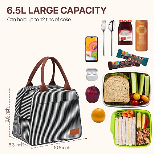 Bagseri Insulated Lunch Bag Women - Lunch Bag for Women Men Reusable Lunch Box Leakproof Thermal Cooler Sack Food Handbags Case High Capacity for Work and Picnic (Black White Stripe) - Image 5