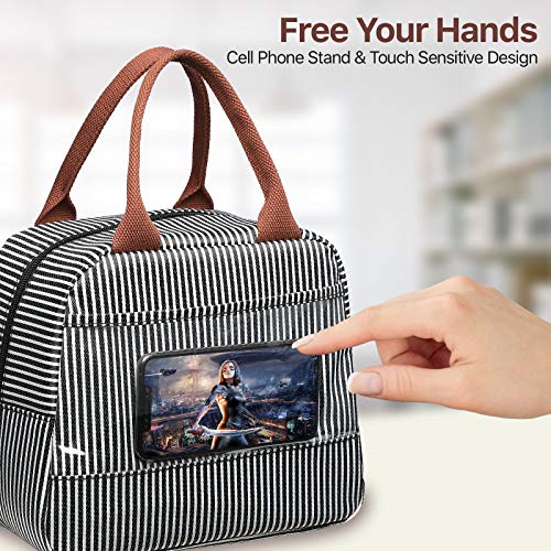 Bagseri Insulated Lunch Bag Women - Lunch Bag for Women Men Reusable Lunch Box Leakproof Thermal Cooler Sack Food Handbags Case High Capacity for Work and Picnic (Black White Stripe) - Image 2
