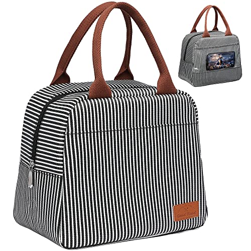 Bagseri Insulated Lunch Bag Women - Lunch Bag for Women Men Reusable Lunch Box Leakproof Thermal Cooler Sack Food Handbags Case High Capacity for Work and Picnic (Black White Stripe) - Image 1