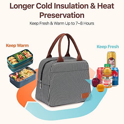 Bagseri Insulated Lunch Bag Women - Lunch Bag for Women Men Reusable Lunch Box Leakproof Thermal Cooler Sack Food Handbags Case High Capacity for Work and Picnic (Black White Stripe) - Image 3