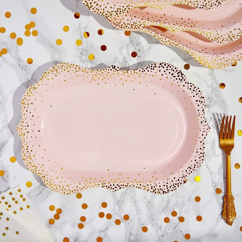 Sparkle and Bash Sparkle and Bash 24-Pack Pink Disposable Serving Trays  Gold Foil Polka Dotted Party Platters for Wedding  Birthday  Tea Party  Brunch Decorations  Table Centerpiece  Home Decor (9x13 in)  - Image 3