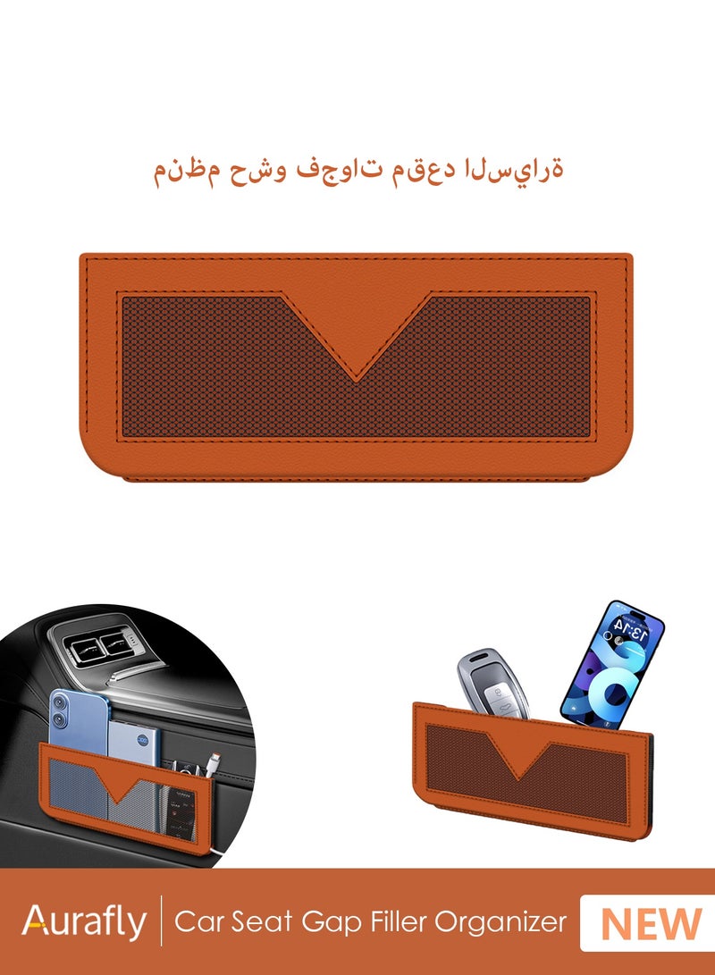 أورافلي صندوق تخزين فجوات مقعد السيارة، صندوق تخزين متعدد الوظائف لملء فجوات مقعد السيارة، حقيبة تخزين جانبية من جلد البولي يوريثان لوحدة التحكم في السيارة، يمكن تخزين المفاتيح والهواتف المحمولة وسماعات الأذن والساعات وكابلات الشحن والبطاقات المصرفية - برتقالي - Image 1