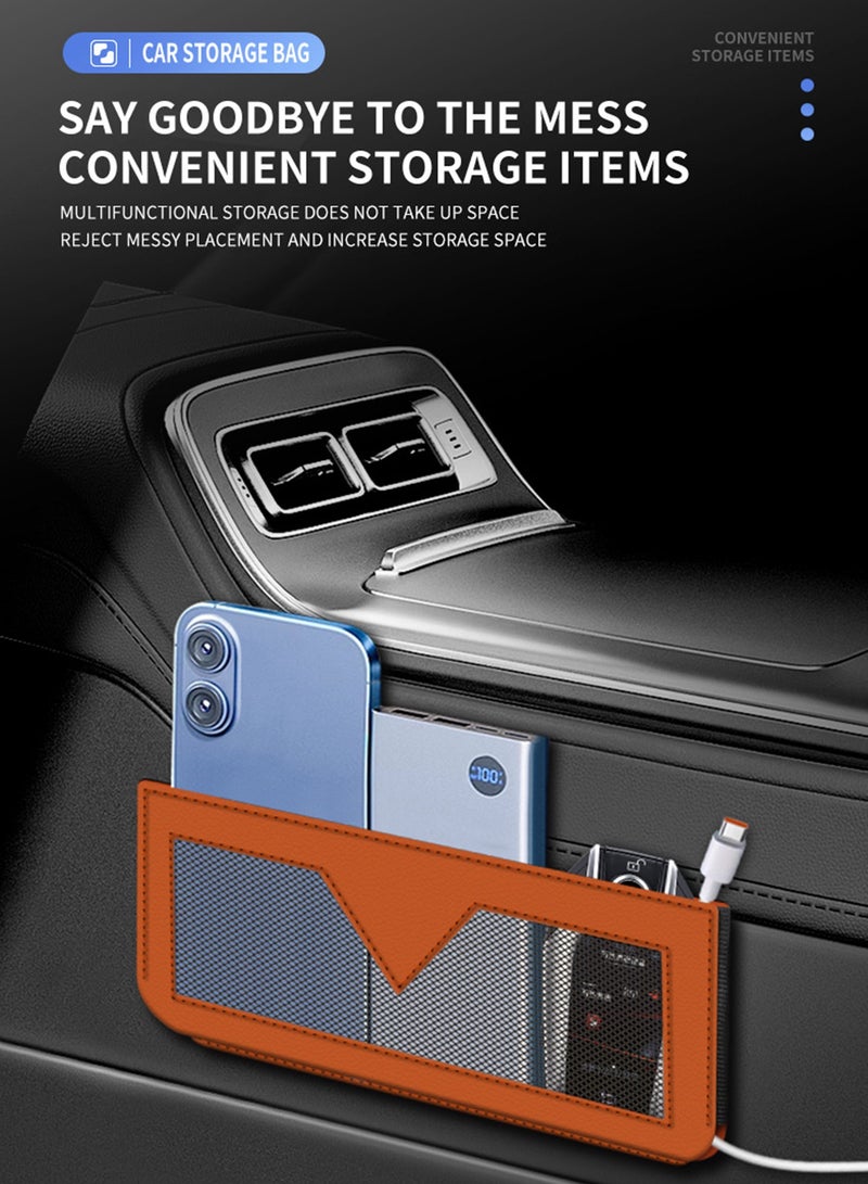 أورافلي صندوق تخزين فجوات مقعد السيارة، صندوق تخزين متعدد الوظائف لملء فجوات مقعد السيارة، حقيبة تخزين جانبية من جلد البولي يوريثان لوحدة التحكم في السيارة، يمكن تخزين المفاتيح والهواتف المحمولة وسماعات الأذن والساعات وكابلات الشحن والبطاقات المصرفية - برتقالي - Image 2