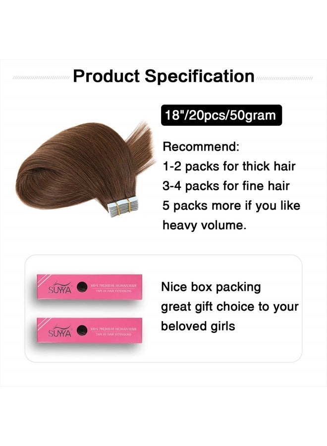 SUYYA Tape in Hair Extensions Human Hair Chocolate Brown Remy Human Hair 18 inches 50g 20pcs Straight Seamless Skin Weft Tape in Human Hair Extensions(18 inches #4 Dark Brown) - Image 2