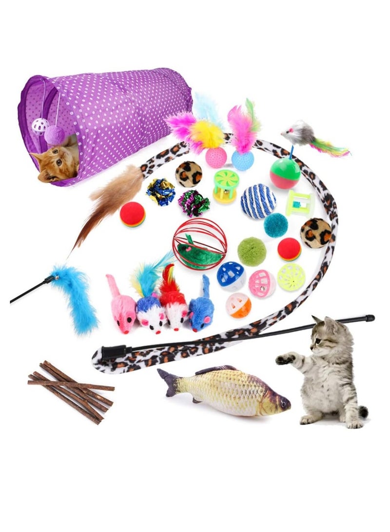 Altheqa 28pcs Pet Interactive Cat Toys Kitten Toys Assorted, Cat Tunnel Catnip Fish Feather Teaser Wand Fish Fluffy Mouse Mice Balls And Bells Toys For Cat Puppy Kitty, Multicolour Toys - Image 1