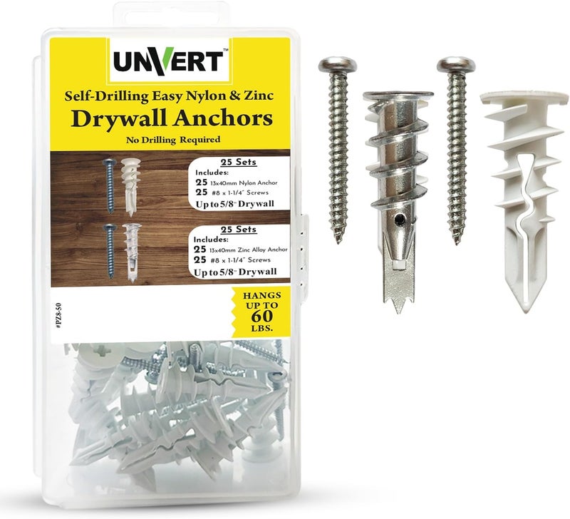 UNVERT Drywall Anchors Zinc Self-Drilling Wall Plastic Anchors for Drywall with Screw Kit, Includes 25 Large Plastic Anchors w/Fitting Phillip Screws, Hold up to 60 Lb. - Image 1