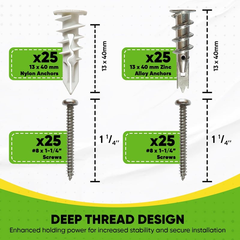 UNVERT Drywall Anchors Zinc Self-Drilling Wall Plastic Anchors for Drywall with Screw Kit, Includes 25 Large Plastic Anchors w/Fitting Phillip Screws, Hold up to 60 Lb. - Image 2
