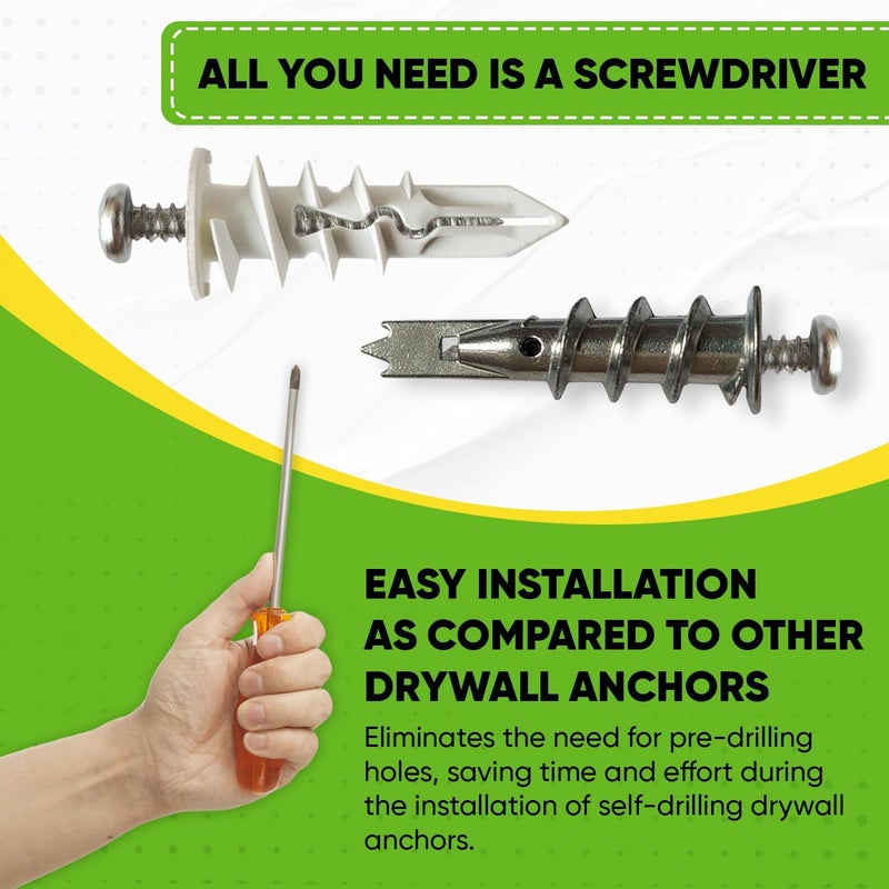 UNVERT Drywall Anchors Zinc Self-Drilling Wall Plastic Anchors for Drywall with Screw Kit, Includes 25 Large Plastic Anchors w/Fitting Phillip Screws, Hold up to 60 Lb. - Image 5