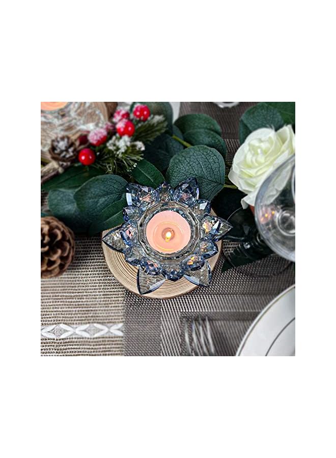 The Bros Crystal Lotus Flower Tealight Candle Holders/Glass Tea Light Candlestick Decor Decoration for Christmas Home Wedding Party (Blue 1pcs)  - Image 3
