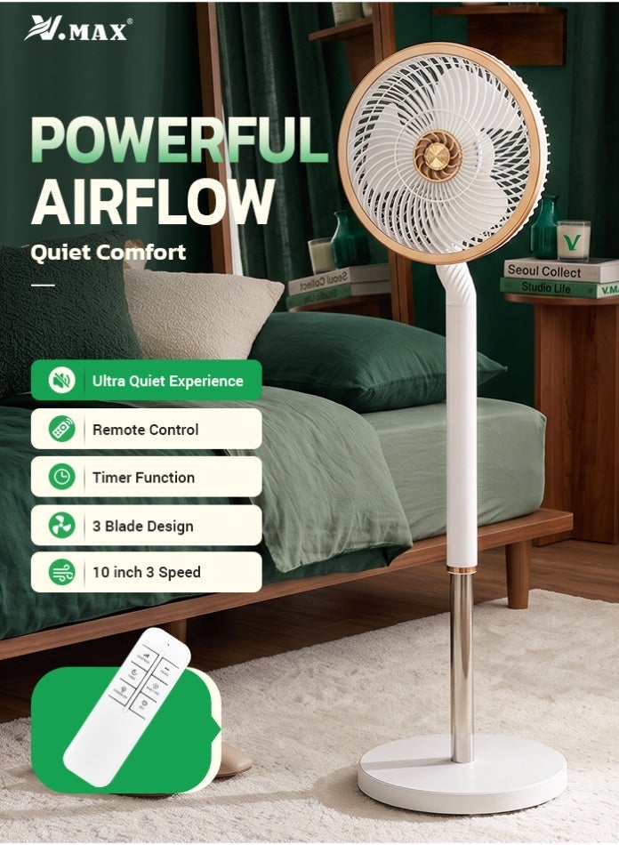Vmax 70W Pedestal Standing Fan with Remote Control, 3-Blade 10-Inch Floor Fan, 70° Oscillation, Timer, Silent Motor, 3 Speed Settings, Air Circulation Fan for Home, Office & Bedroom - Image 1