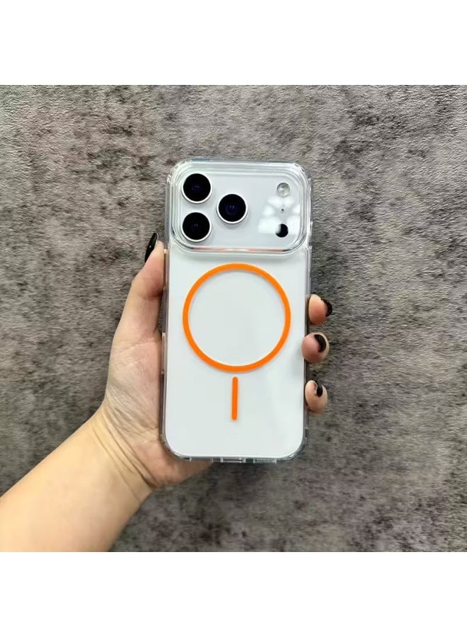 ماغناتيك **غطاء حماية شفاف مغناطيسي لهاتف آيفون 17 برو، شفاف مع خاصية الشحن اللاسلكي، متوافق مع MagSafe، بلون دائرة برتقالية كونية** - Image 1