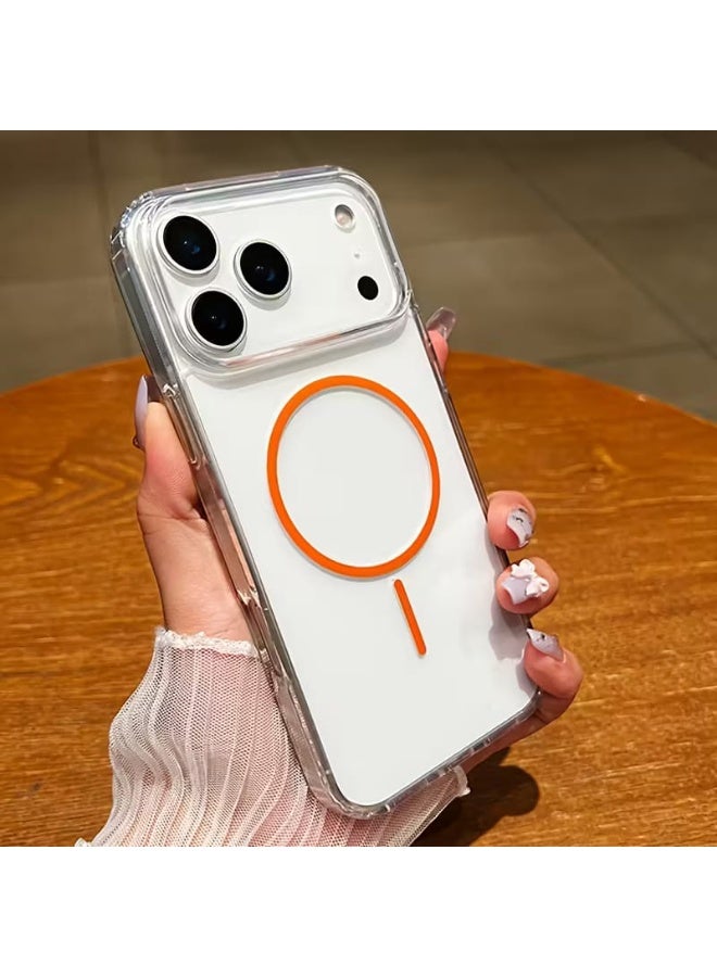 ماغناتيك **غطاء حماية شفاف مغناطيسي لهاتف آيفون 17 برو، شفاف مع خاصية الشحن اللاسلكي، متوافق مع MagSafe، بلون دائرة برتقالية كونية** - Image 2