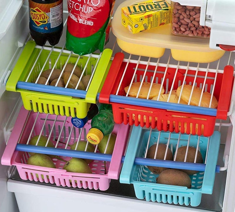 Kuber Industries Kuber Industries Fridge Basket | Plastic Storage Basket | Fridge Storage Organizer | Fridge Racks Tray | Sliding Storage Racks | Expandable Fridge Tray | Adjustable Basket | Set of 4 | Assorted  - Image 1