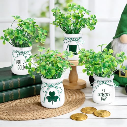 Besteek St Patricks Day Decorations 4 Pcs St Patricks Day Mini Jars with Artificial Shamrock Vases for Irish Table Centerpieces Home Party Kitchen Fireplace Farmhouse Mantel Decor - Image 1