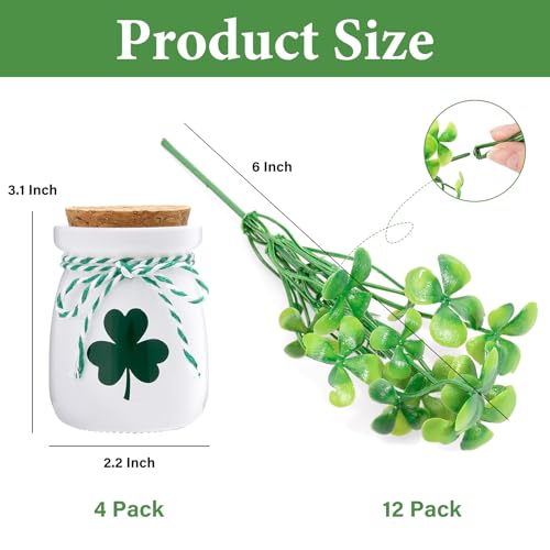 Besteek St Patricks Day Decorations 4 Pcs St Patricks Day Mini Jars with Artificial Shamrock Vases for Irish Table Centerpieces Home Party Kitchen Fireplace Farmhouse Mantel Decor - Image 3