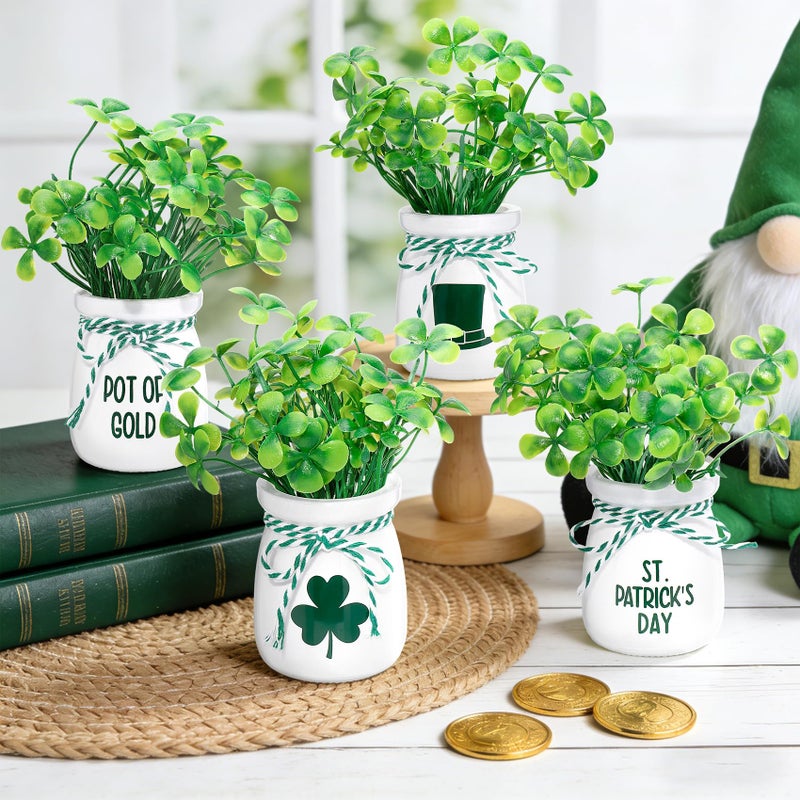 Besteek St Patricks Day Decorations 4 Pcs St Patricks Day Mini Jars with Artificial Shamrock Vases for Irish Table Centerpieces Home Party Kitchen Fireplace Farmhouse Mantel Decor - Image 2
