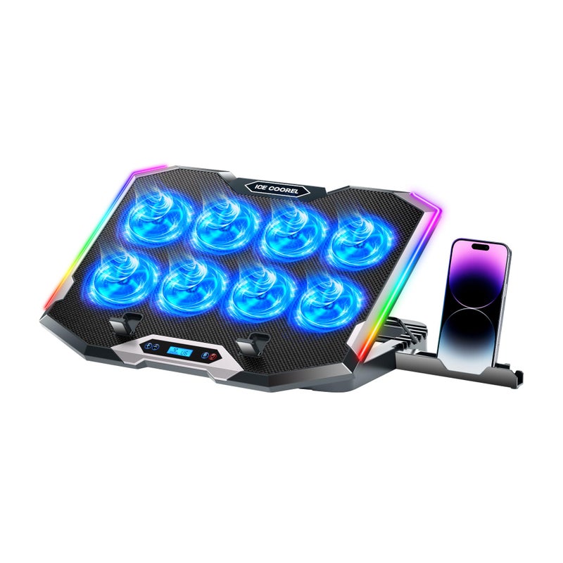 ICE COOREL Gaming Laptop Cooling Pad with 8 Cooling Fans, Laptop Fan Cooler Pad for 15-17.3 Inch, Notebook Cooler Stand with 6 Height Adjustable, RGB Cooling Pad with Two USB Port + Phone Stand - Image 1