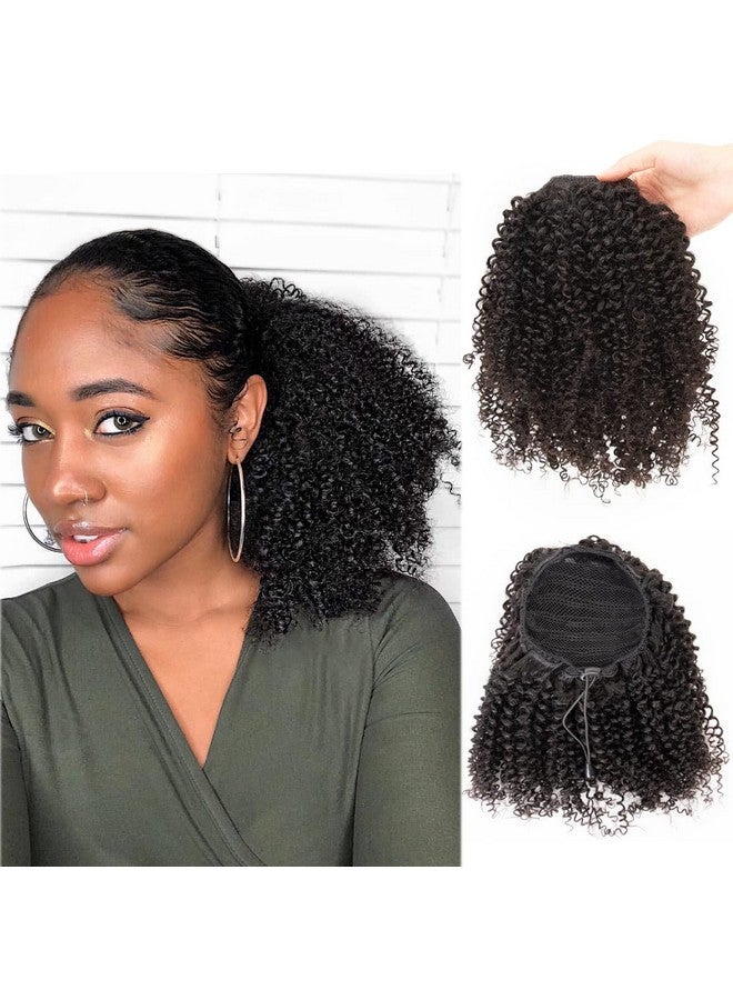 FEIPRO Curly Ponytail Extension Human Hair For Black Women Girls Invisible Kinky Curly Ponytails Afro Puff Drawstring Ponytail Afro Puffs 14 Inch 1B Natural Black - Image 1