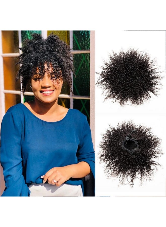 FEIPRO Curly Ponytail Extension Human Hair For Black Women Girls Invisible Kinky Curly Ponytails Afro Puff Drawstring Ponytail Afro Puffs 14 Inch 1B Natural Black - Image 4