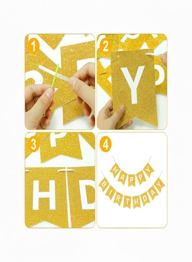 Shanya Happy Birthday Decoration Set | Gold Glitter Banner, Balloons, Star Foil Balloons & Decorative Paper Rosettes | Party Decoration Kit for Kids & Adults | Photo Backdrop | Air/Helium Compatible - Image 5