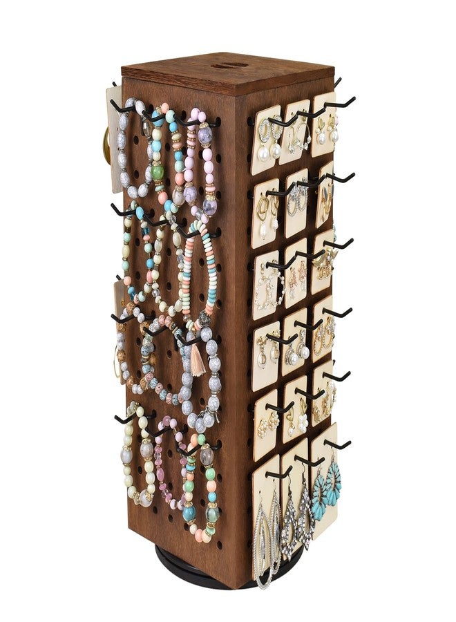 MOOCA Wooden Rotating Four-Sided Pegboard Jewelry Accessories Rack, Rotating Jewelry Display with a Lid for Large Inner Storage Space, 48 Removable Black Hooks, Brown Color - Image 1