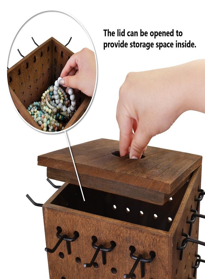 MOOCA Wooden Rotating Four-Sided Pegboard Jewelry Accessories Rack, Rotating Jewelry Display with a Lid for Large Inner Storage Space, 48 Removable Black Hooks, Brown Color - Image 4