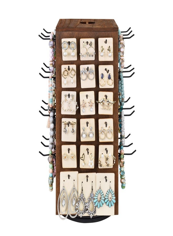 MOOCA Wooden Rotating Four-Sided Pegboard Jewelry Accessories Rack, Rotating Jewelry Display with a Lid for Large Inner Storage Space, 48 Removable Black Hooks, Brown Color - Image 3