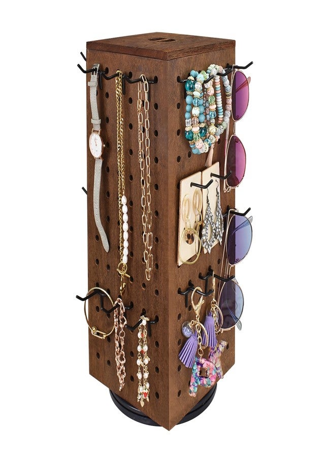 MOOCA Wooden Rotating Four-Sided Pegboard Jewelry Accessories Rack, Rotating Jewelry Display with a Lid for Large Inner Storage Space, 48 Removable Black Hooks, Brown Color - Image 5