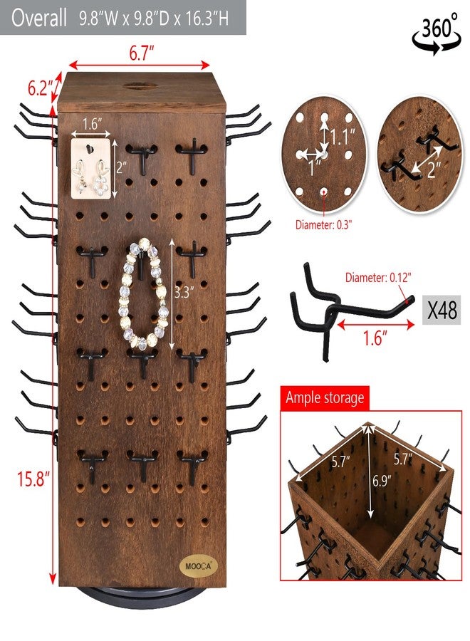 MOOCA Wooden Rotating Four-Sided Pegboard Jewelry Accessories Rack, Rotating Jewelry Display with a Lid for Large Inner Storage Space, 48 Removable Black Hooks, Brown Color - Image 2