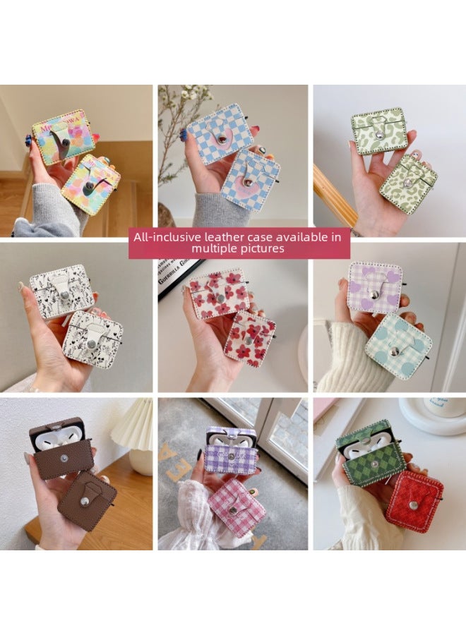 Loquat Suitable For AirPods 4 Headphone Case Cartoon All-inclusive Leather Case For Apple1/2 Generation Pro2 Bluetooth Protective Case One-piece Case-Color:One-piece Leather Case-red Plaid-Model:Airpods 3 - Image 2