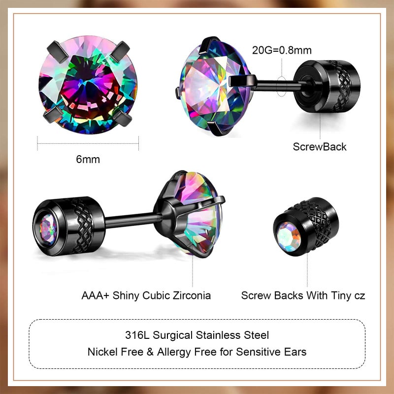 VOLUKA Titanium Earrings for Sensitive Ears, 1 Pairs Screw Back Hypoallergenic Surgical Grade Titanium Cubic Zirconia Stud Earrings for Women Men - Black - Image 2