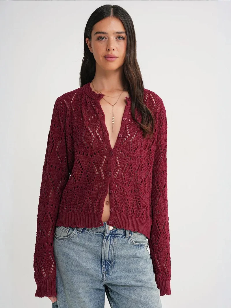 MixRay Mixray Textured Knit Cardigan with Button Closure