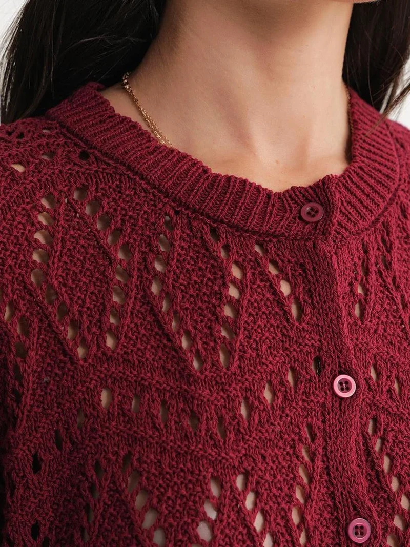 MixRay Burgundy Red Mixray Textured Knit Cardigan with Button Closure for Women | Best Price UAE