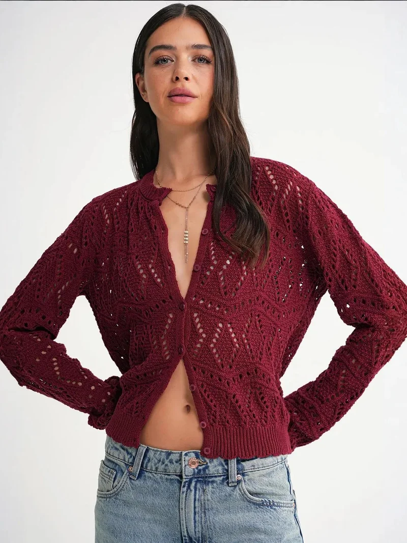 MixRay Burgundy Red Mixray Textured Knit Cardigan with Button Closure for Women | Best Price UAE