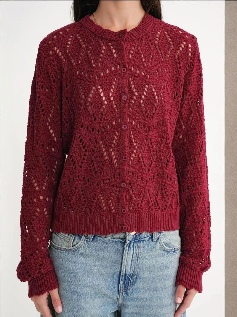 MixRay Burgundy Red Mixray Textured Knit Cardigan with Button Closure for Women | Best Price UAE