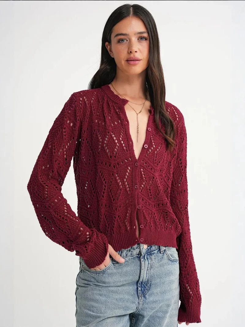 MixRay Burgundy Red Mixray Textured Knit Cardigan with Button Closure for Women | Best Price UAE