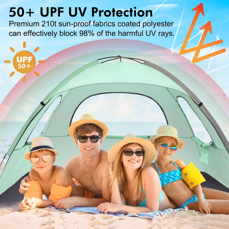 WhiteFang Beach Tent Anti-UV Portable Sun Shade Shelter for 4 Person, Extendable Floor with 3 Ventilating Mesh Windows Plus Carrying Bag, Stakes and Guy Lines (Mint Green) - Image 3