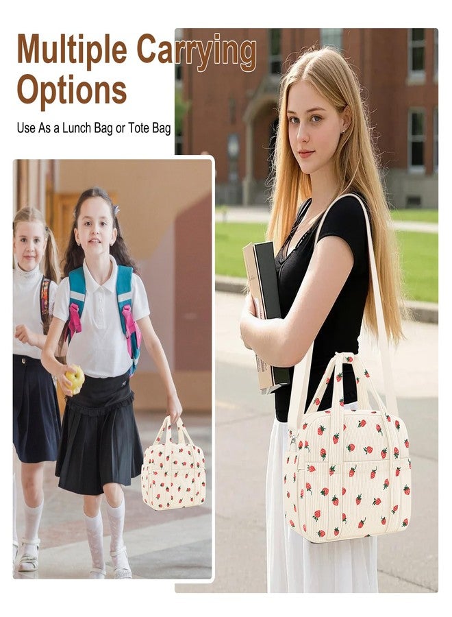 KUBYA Corduroy Lunch Box Lunch Bag for Women Men, Cute Strawberry Small Insulated Reusable Work Leakproof Simple Lunch Boxes Tote Bag Adults Cooler Bag - Image 5