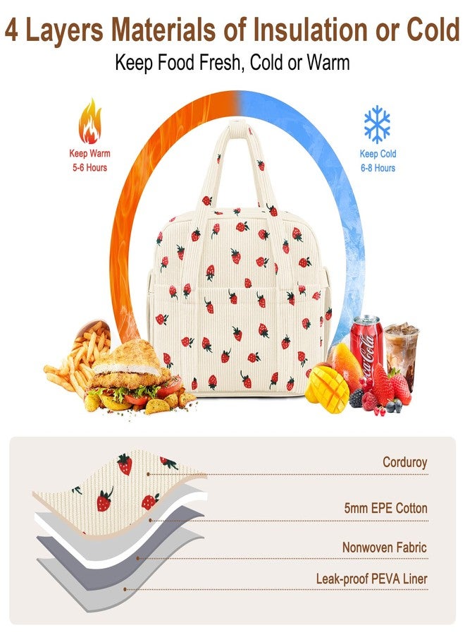 KUBYA Corduroy Lunch Box Lunch Bag for Women Men, Cute Strawberry Small Insulated Reusable Work Leakproof Simple Lunch Boxes Tote Bag Adults Cooler Bag - Image 3