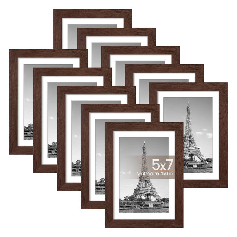 upsimples 5x7 Picture Frame Set of 10, Display Pictures 4x6 with Mat or 5x7 Without, Multi Photo Frames Collage for Wall or Tabletop Display, Brown - Image 1