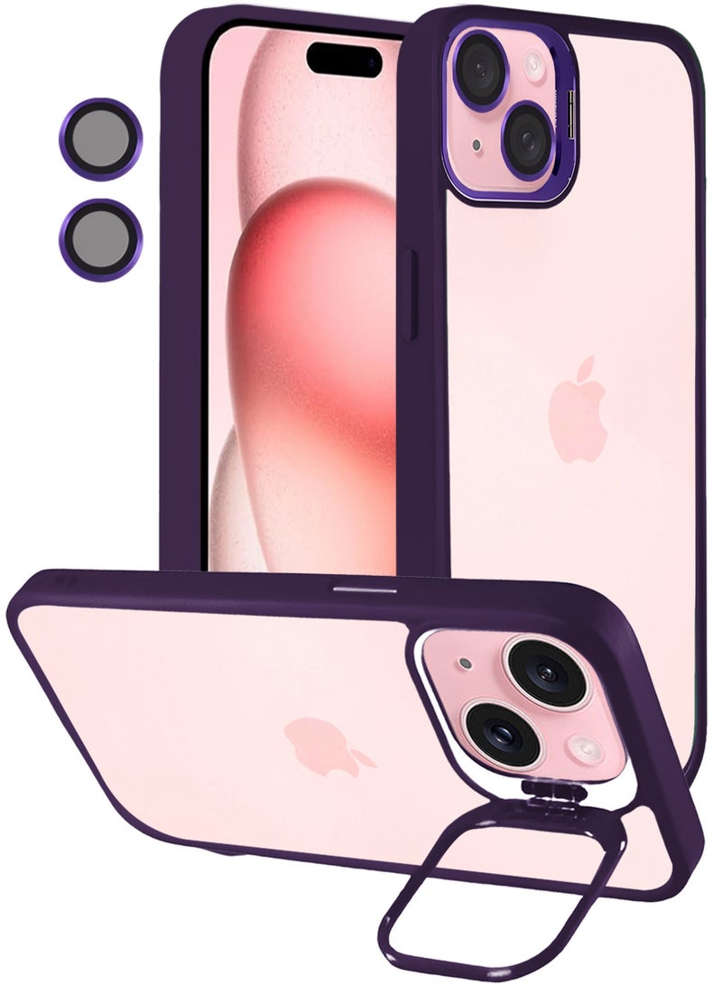 CATANES Transparent Case Cover with Flip Bracket Stand for iPhone 15 Plus – Shockproof Clear Back Cover with Lens Protection - Purple - Image 1
