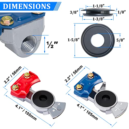 YiaChuii Glad Hands, 3 Set Blue & Red Aluminum Emergency Gladhands for Semi Trucks Trailers Air Lines 6 Glad Hand Seals - Image 2