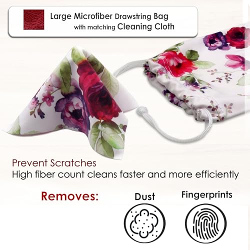 MyEyeglassCase Women Floral Sunglasses case - Hard Glasses Holder - Eyeglass Case Metal Hard shell in watercolor print for Medium - Large frames, with drawstring Pouch & Cloth (AS113 Cranberry Rose) - Image 5
