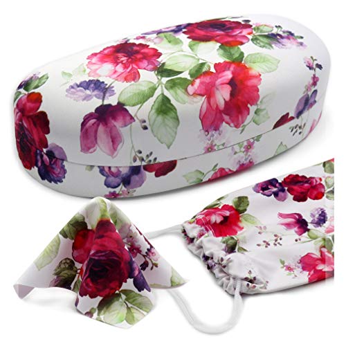 MyEyeglassCase Women Floral Sunglasses case - Hard Glasses Holder - Eyeglass Case Metal Hard shell in watercolor print for Medium - Large frames, with drawstring Pouch & Cloth (AS113 Cranberry Rose) - Image 1