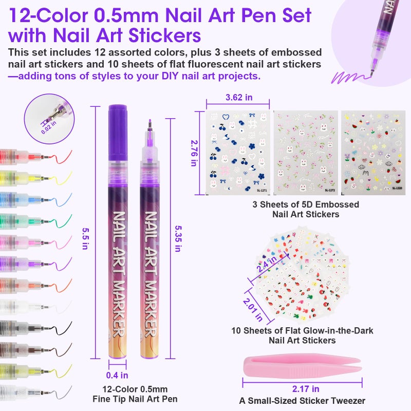Pintada 12 Color Nail Art Pens Set - 0.5mm Fine Tip Nail Art Markers with Stickers, Leak-Proof Nail Pens for DIY Nail Art, Greeting Cards & Crafts - Image 2