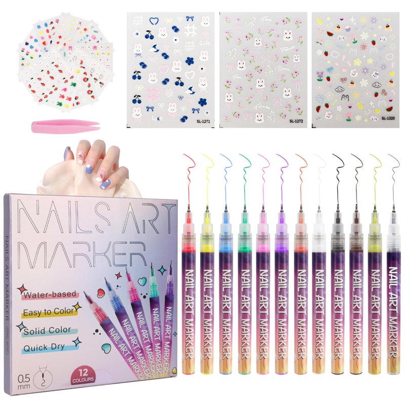 Pintada 12 Color Nail Art Pens Set - 0.5mm Fine Tip Nail Art Markers with Stickers, Leak-Proof Nail Pens for DIY Nail Art, Greeting Cards & Crafts - Image 1