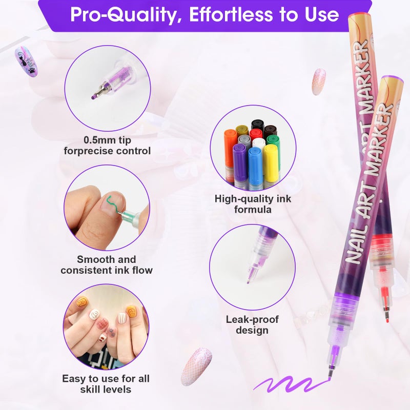 Pintada 12 Color Nail Art Pens Set - 0.5mm Fine Tip Nail Art Markers with Stickers, Leak-Proof Nail Pens for DIY Nail Art, Greeting Cards & Crafts - Image 4