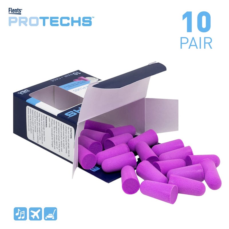 Flents Protechs Foam Ear Plugs, 10 Pair with Case for Sleeping, Snoring, Loud Noise, Traveling, Concerts, Construction, Studying, Work, Shooting, NRR 33, Purple, Disposable, Made in the USA - Image 2