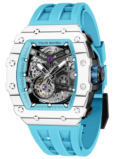 TSAR BOMBA Elemental Series 43mm Automatic Men's Watch with Blue Premium Rubber Strap